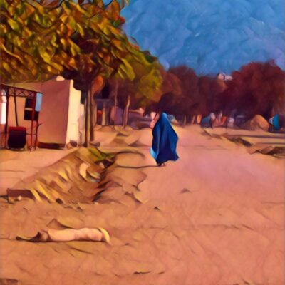 Woman in a burqa with a dog lying in the street in Afghanistan.
